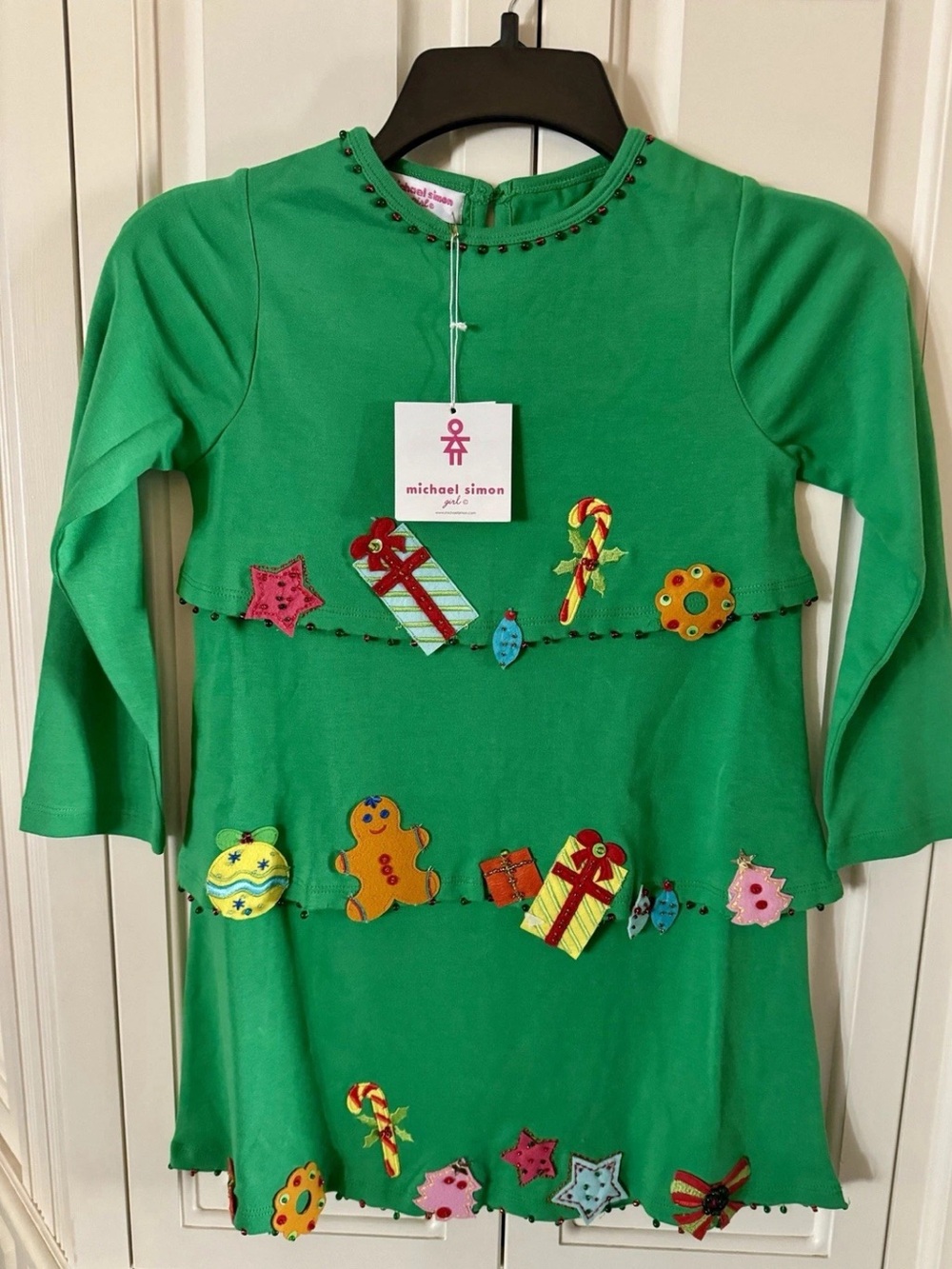 michael simon girl green holiday applique dress - Size 6X - NWT